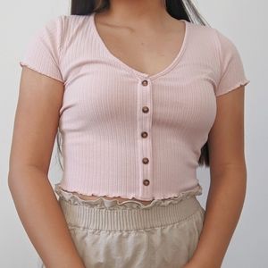 Baby Pink Lettuce Hem Ribbed Crop Top